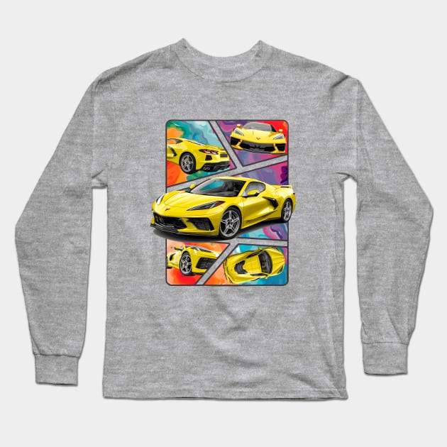 Multiple Angles of the Accelerate Yellow C8 Corvette Presented In A Bold Vibrant Panel Art Display Supercar Sports Car Racecar Accelerate Yellow Corvette C8 Long Sleeve T-Shirt by Tees 4 Thee